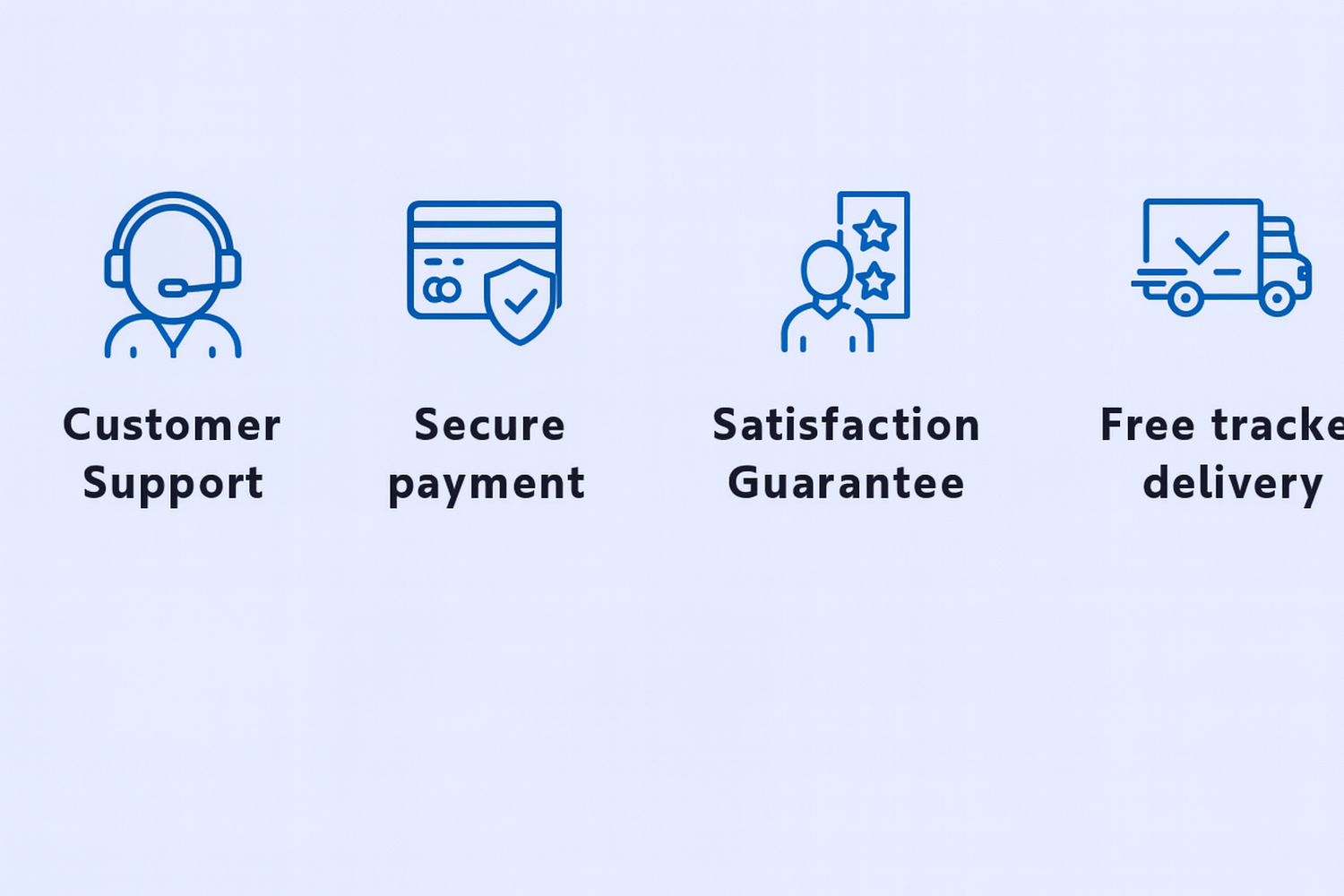 Set of icons and text on a light blue background, representing customer support, secure payment, satisfaction guarantee, and free tracked delivery.