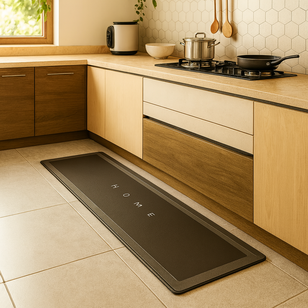 Home brand mat on a kitchen floor with wooden cabinets and a stove in the background